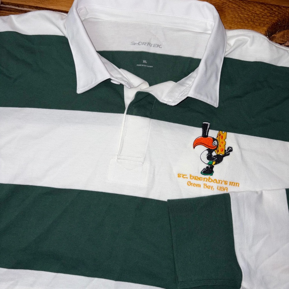 Green Bay St Brendans Inn Rugby Shirt Mens XL Green White Striped Toucan Pub Bar